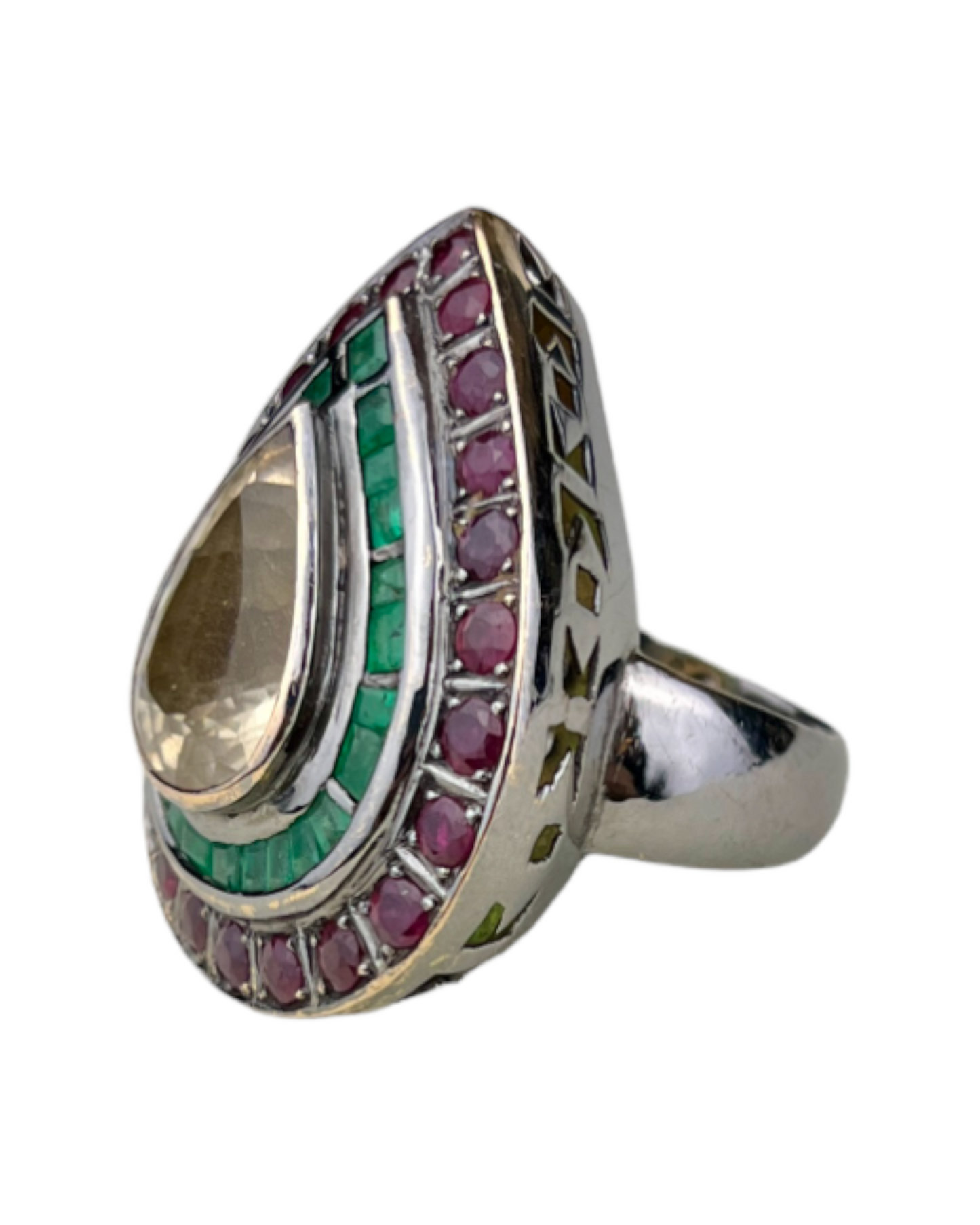 Namazte Maharaja Ring with Emeralds, Rubies and Quartz