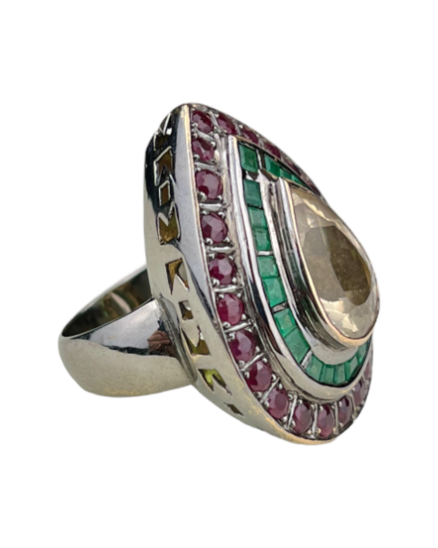 Namazte Maharaja Ring with Emeralds, Rubies and Quartz