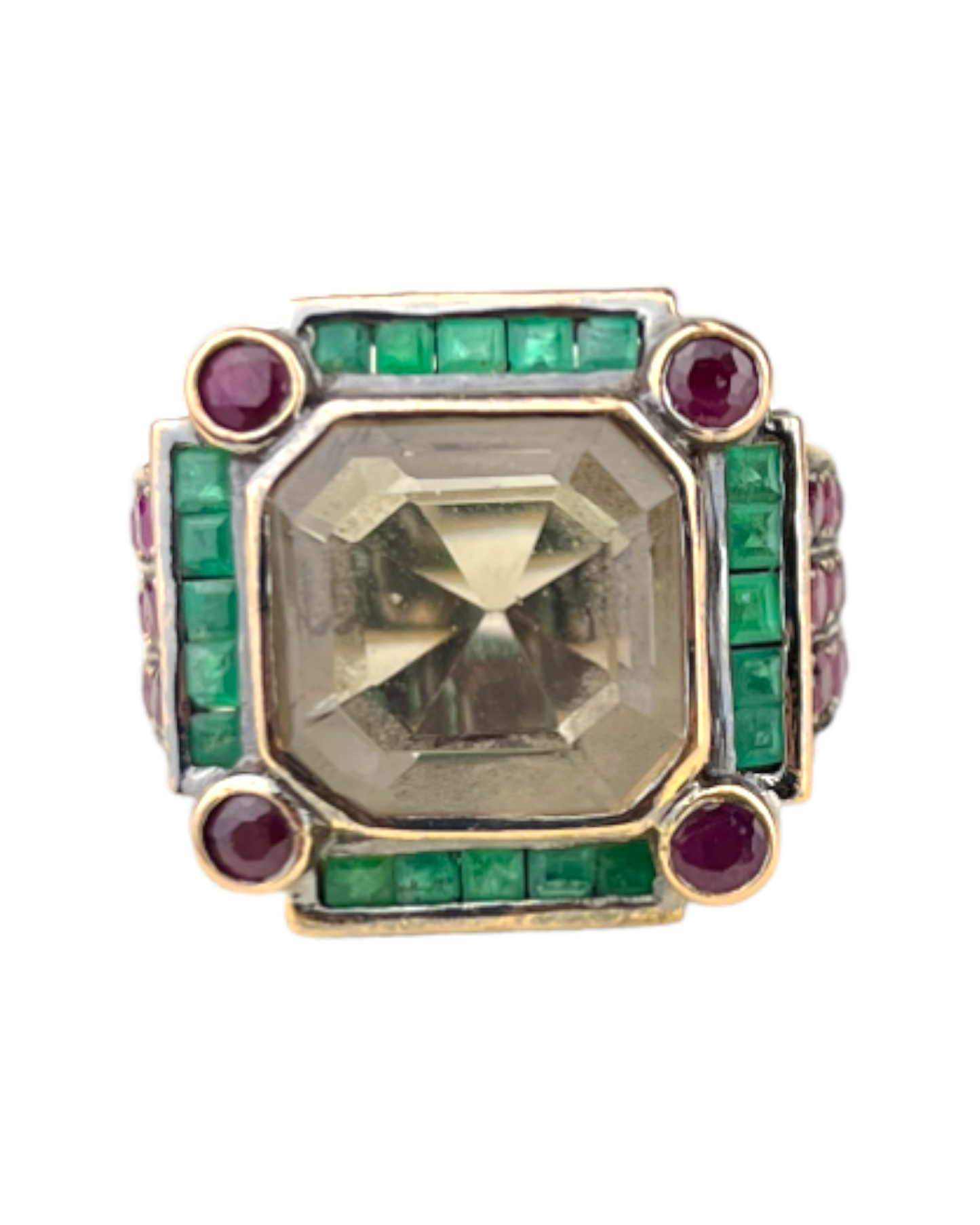 Namazte Maharaja Ring with Emeralds, Rubies and Quartz