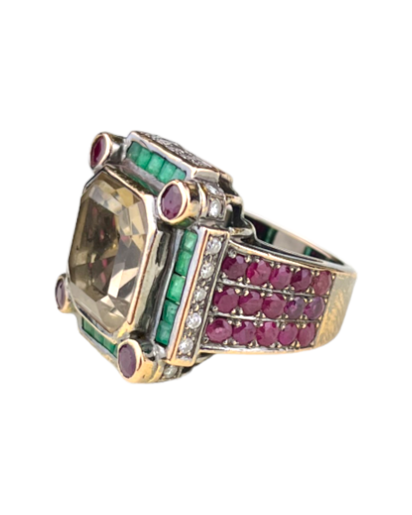 Namazte Maharaja Ring with Emeralds, Rubies and Quartz