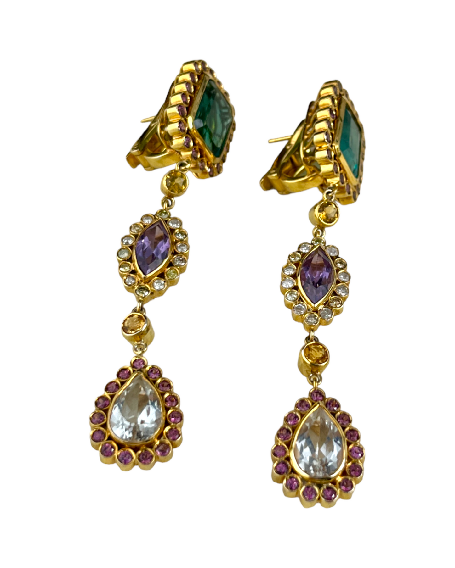 Namazte Maharaja Earrings with Florite, Diamonds, Garnets, Amethyst and Quartz