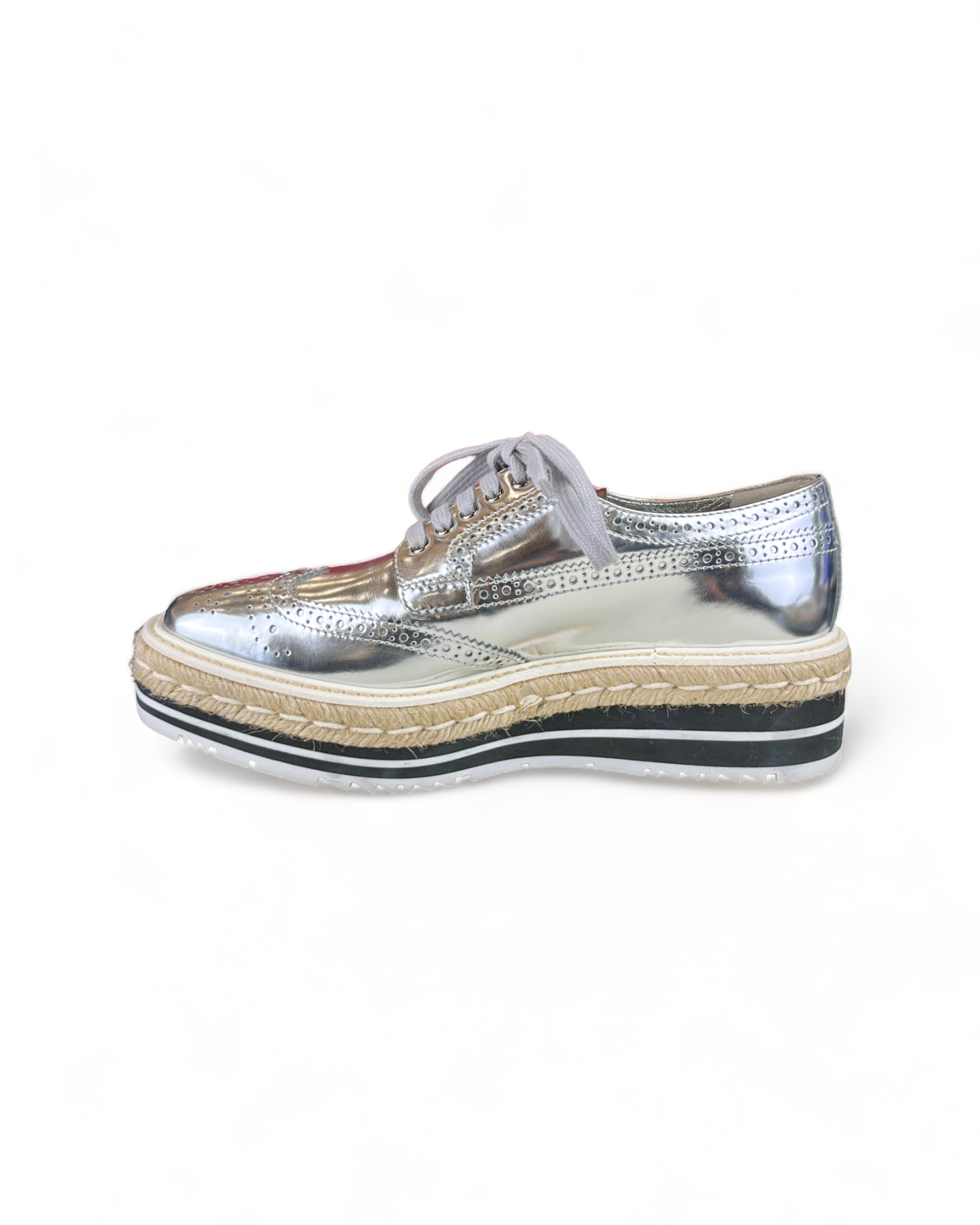 Prada metallic silver platform brogues with an espadrille sole