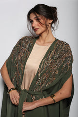 Rochelle Embellished Cape Abaya in Olive Green