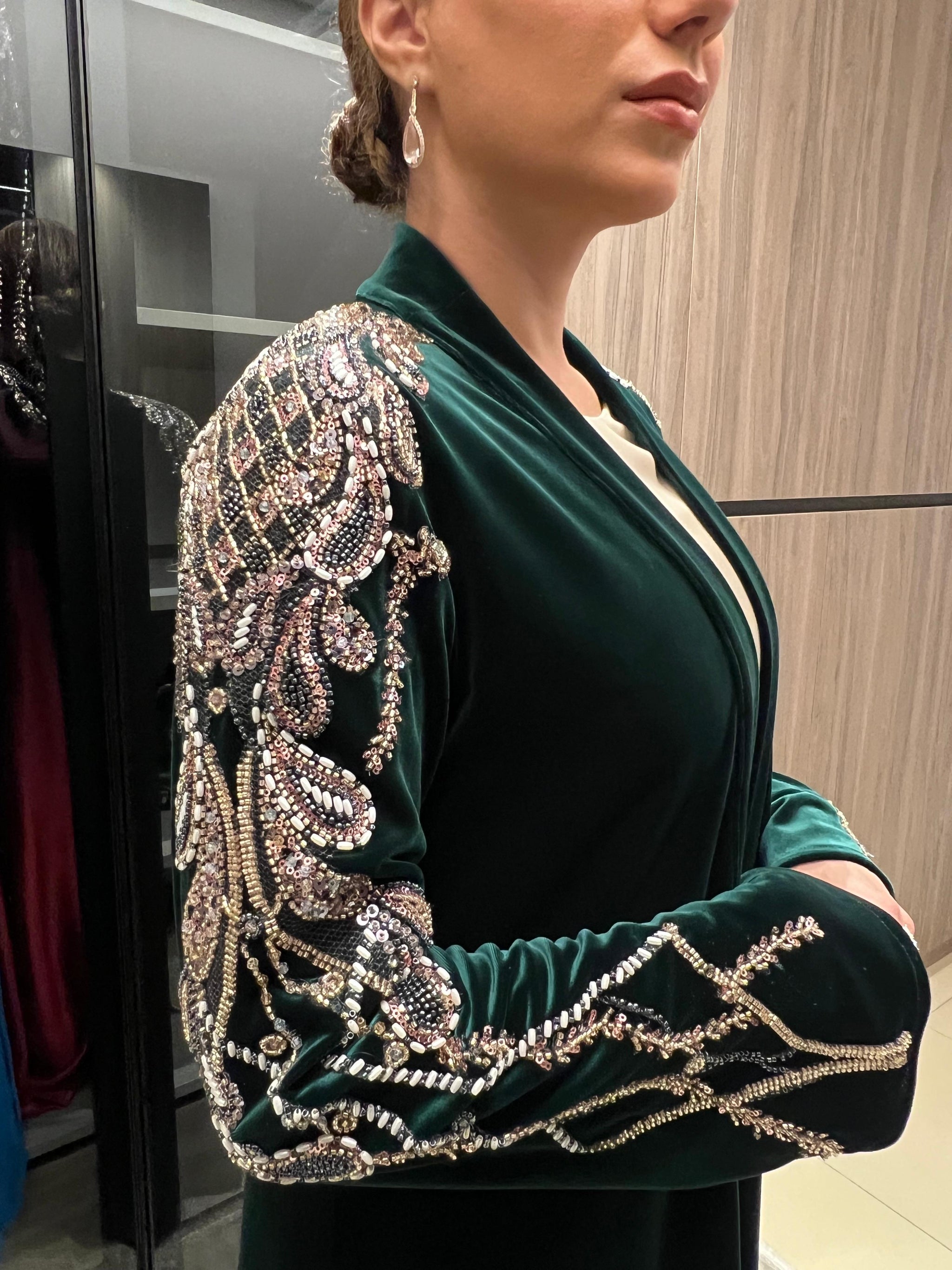 Rochelle Deep Emerald Crystal-Embellished Velvet Abaya