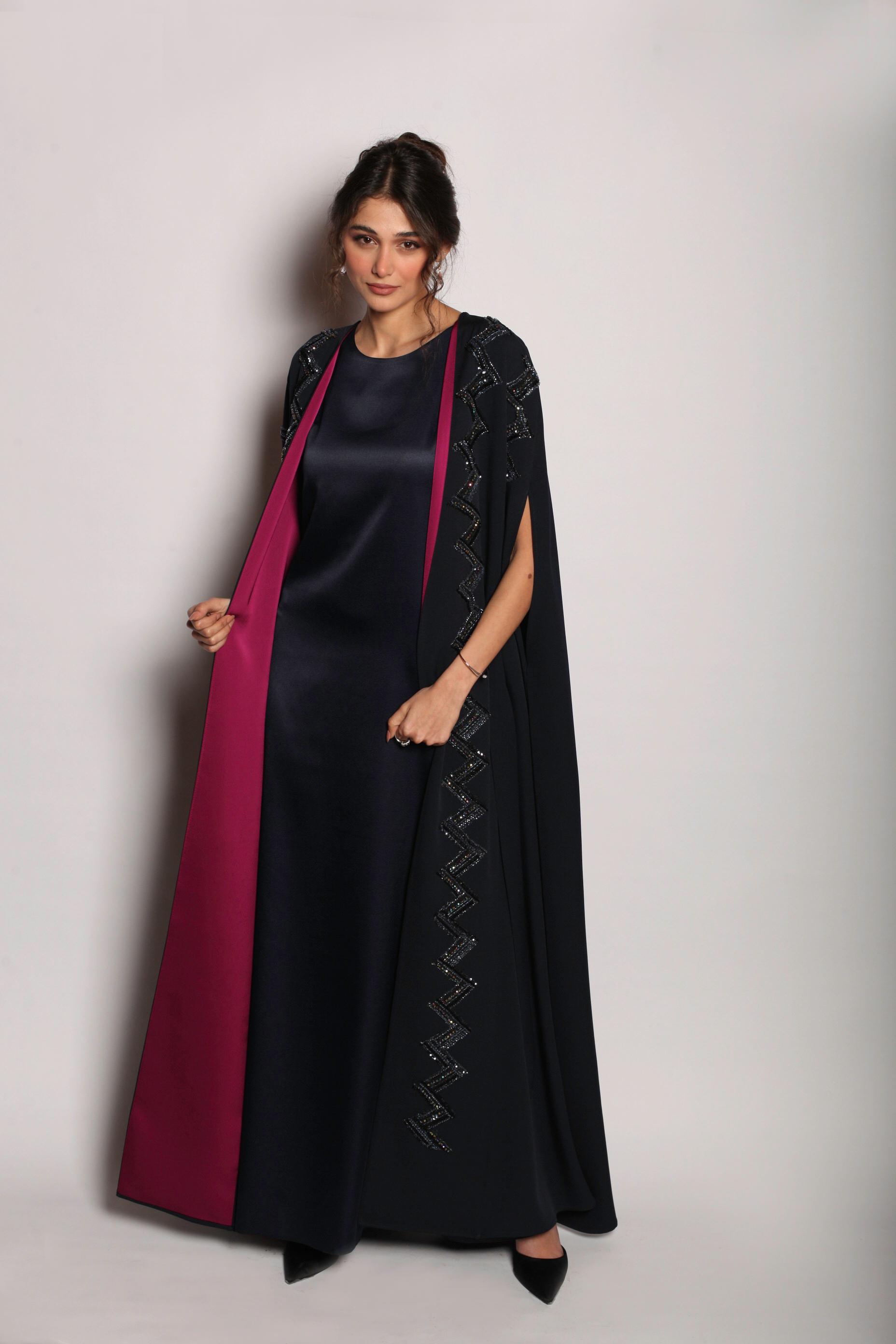 Rochelle Zigzag Crystal Cape Abaya in Navy