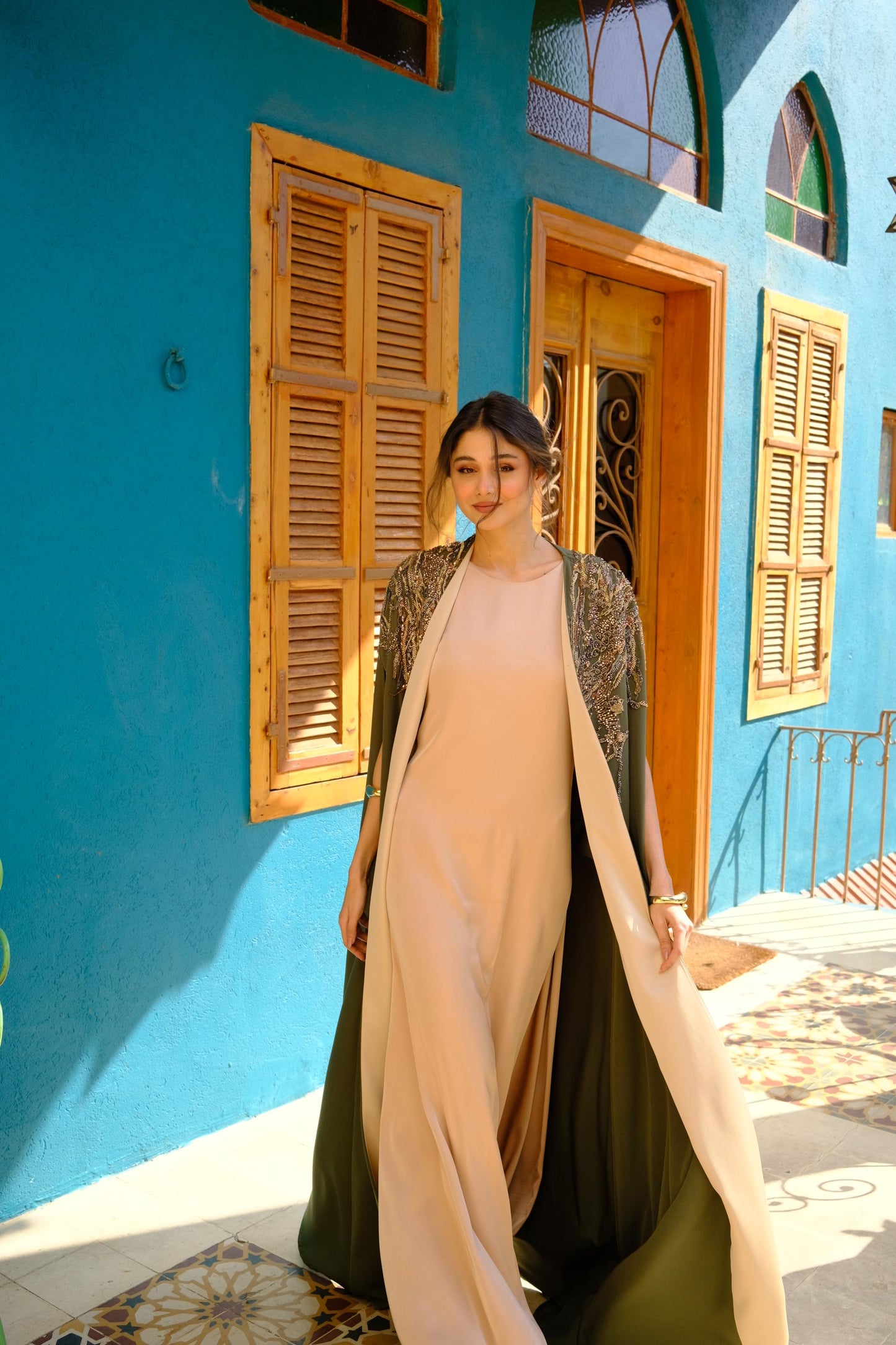 Rochelle Embellished Cape Abaya in Olive Green