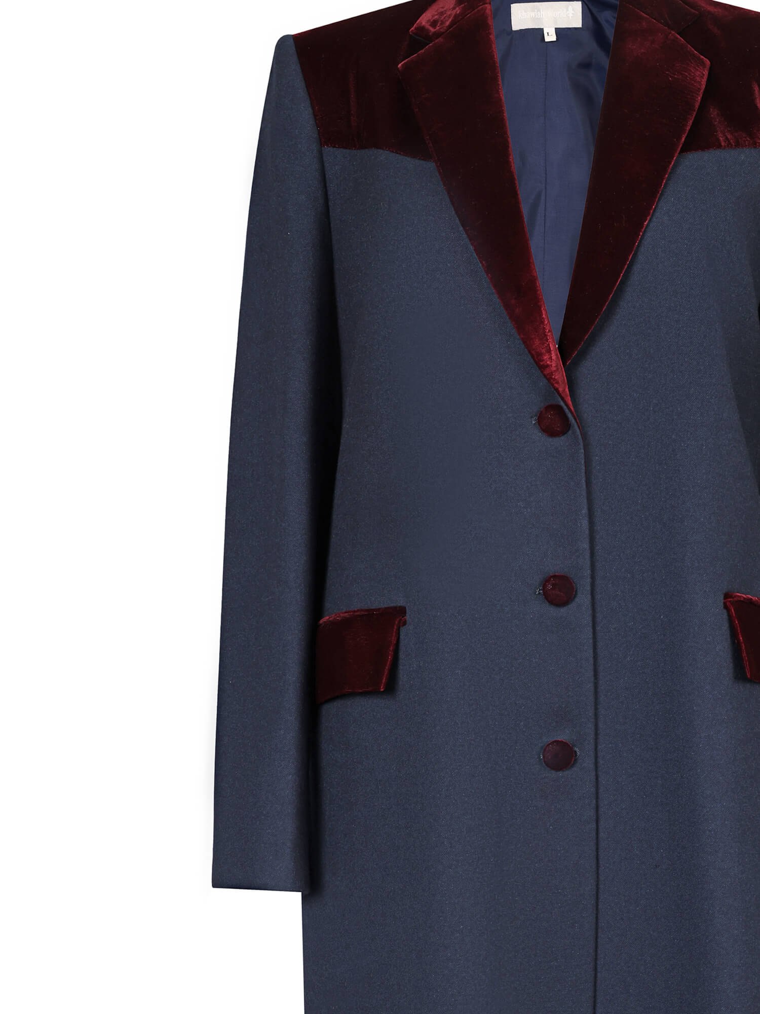 Khawlah World Navy & Burgundy Velvet Coat Abaya