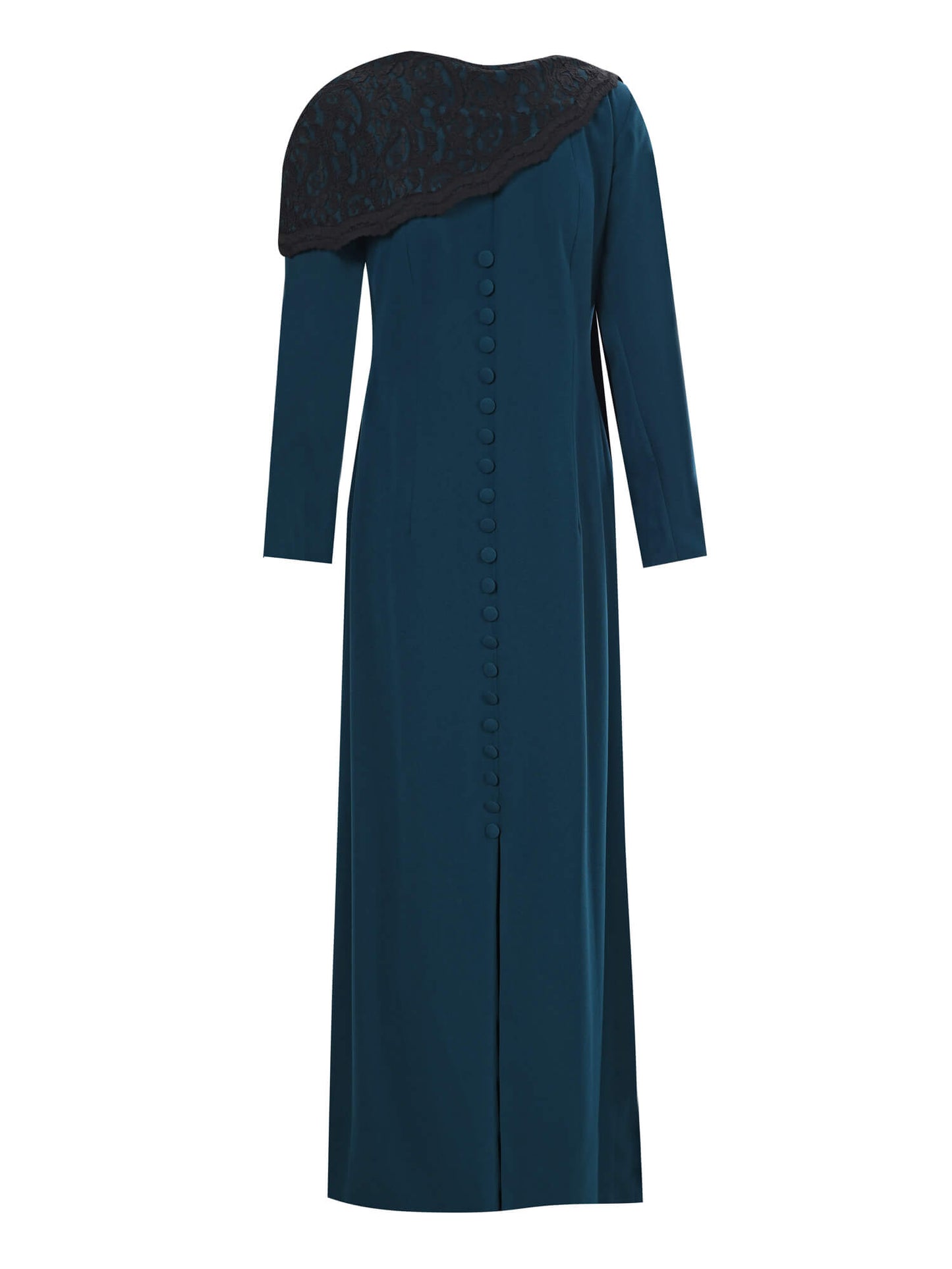 Turquoise Dress with Black Lace Cape