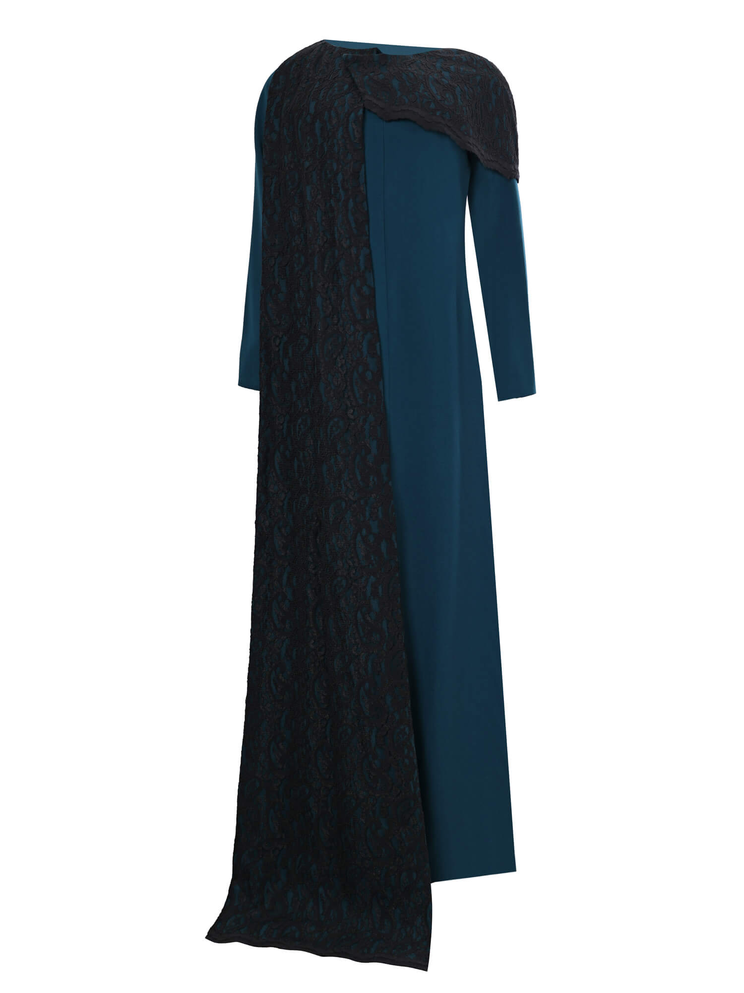 Turquoise Dress with Black Lace Cape
