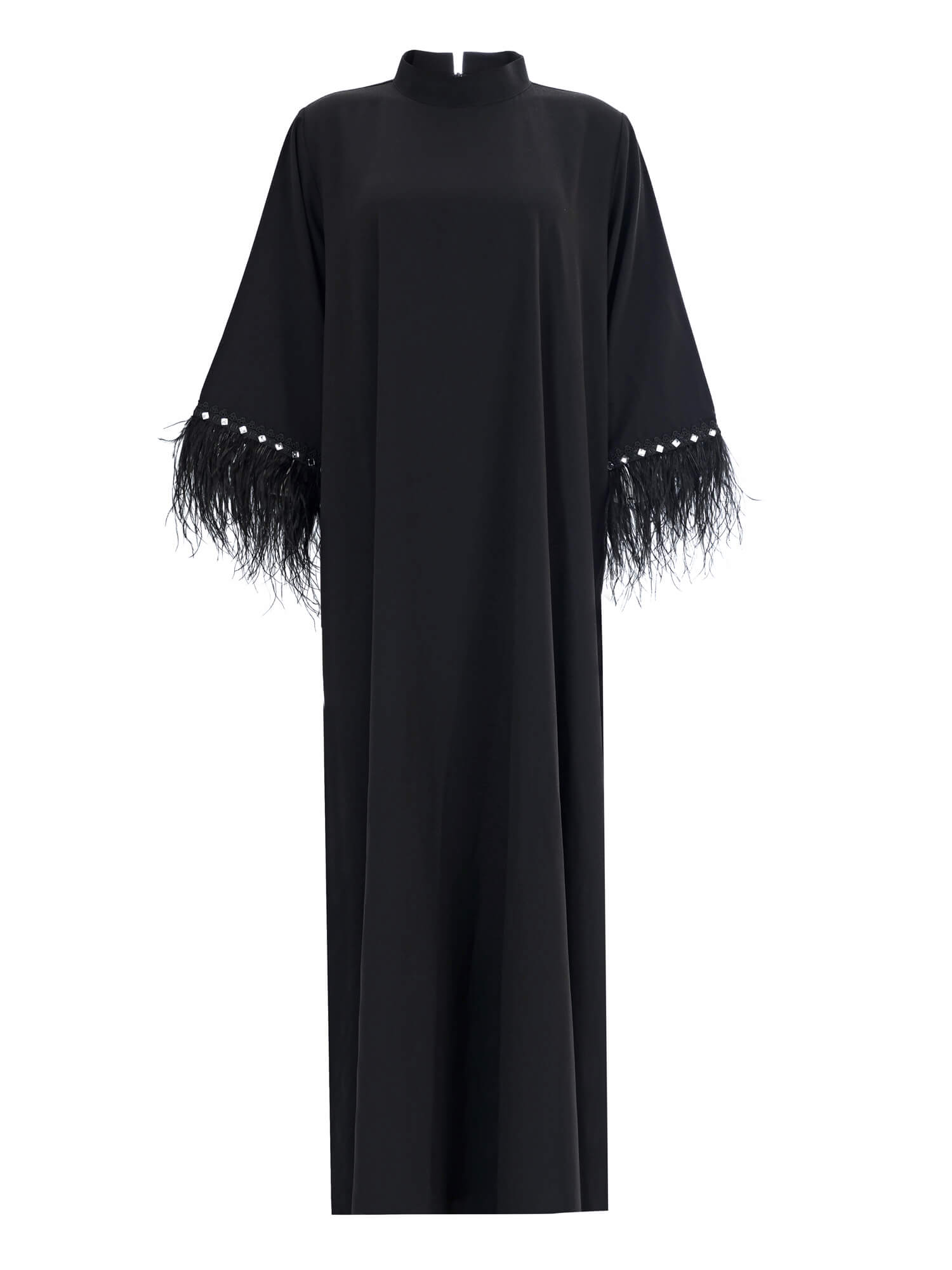 Black Feather-Trim Galabya with swarovski accessories