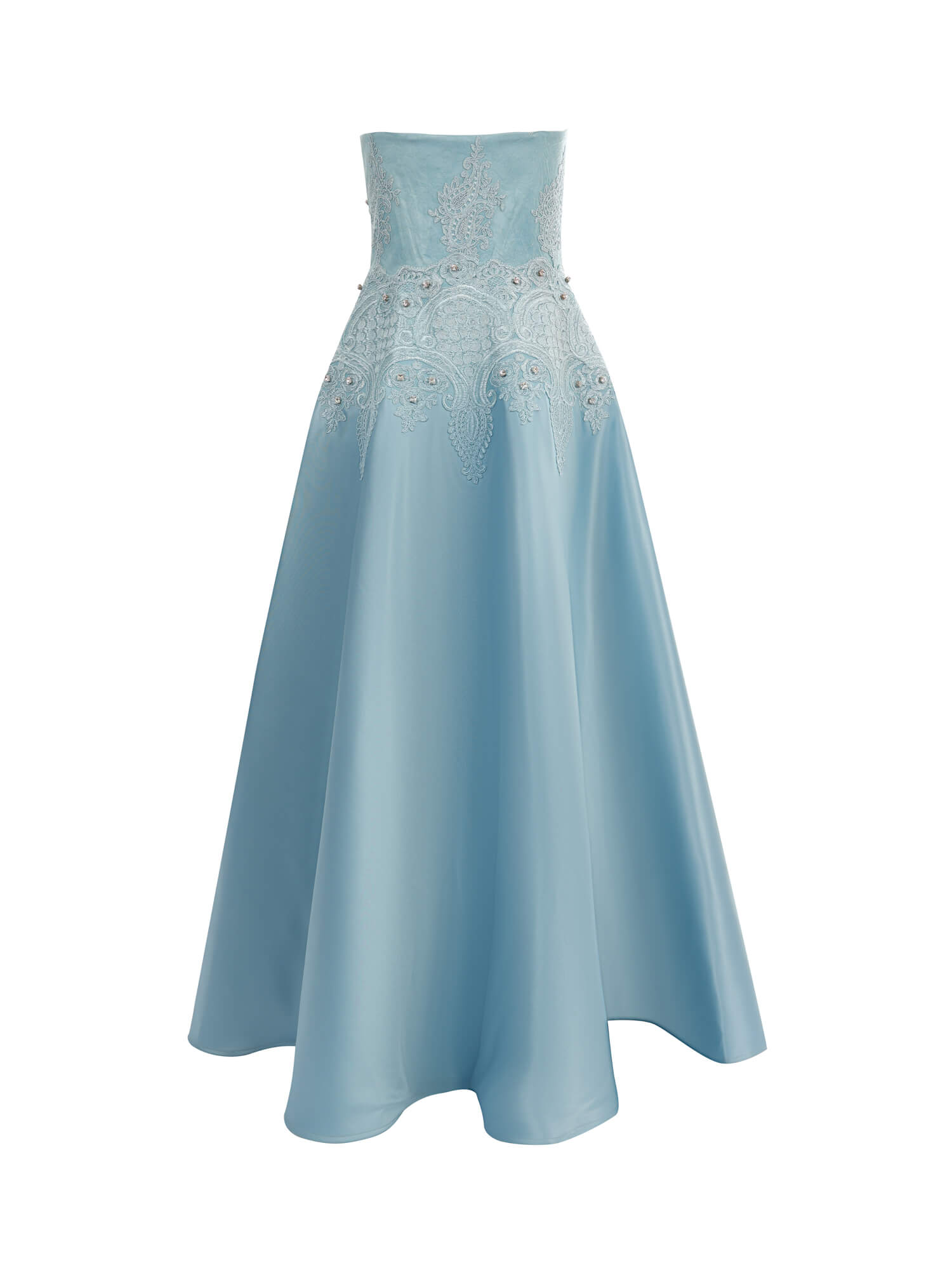 Powder Blue Strapless Embroidered Evening Gown