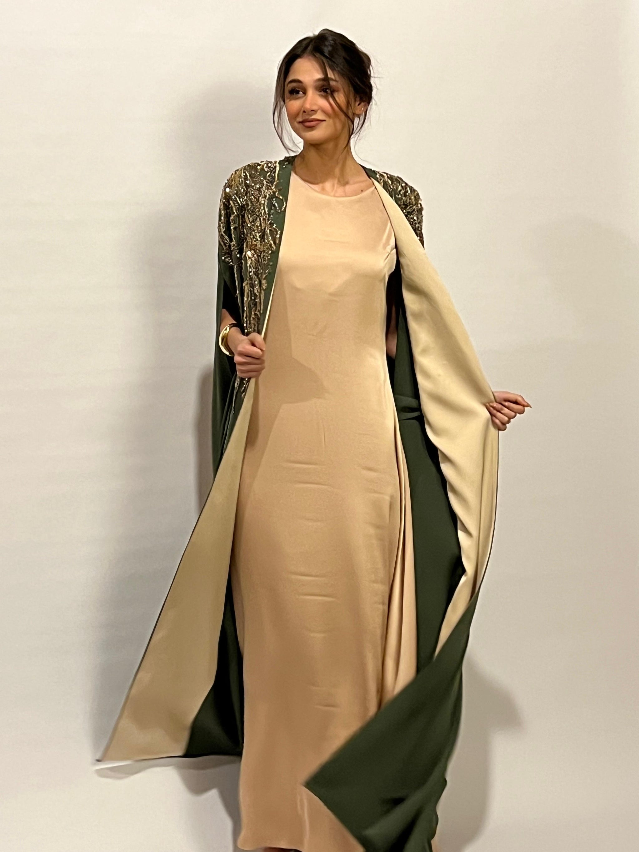 Rochelle Embellished Cape Abaya in Olive Green