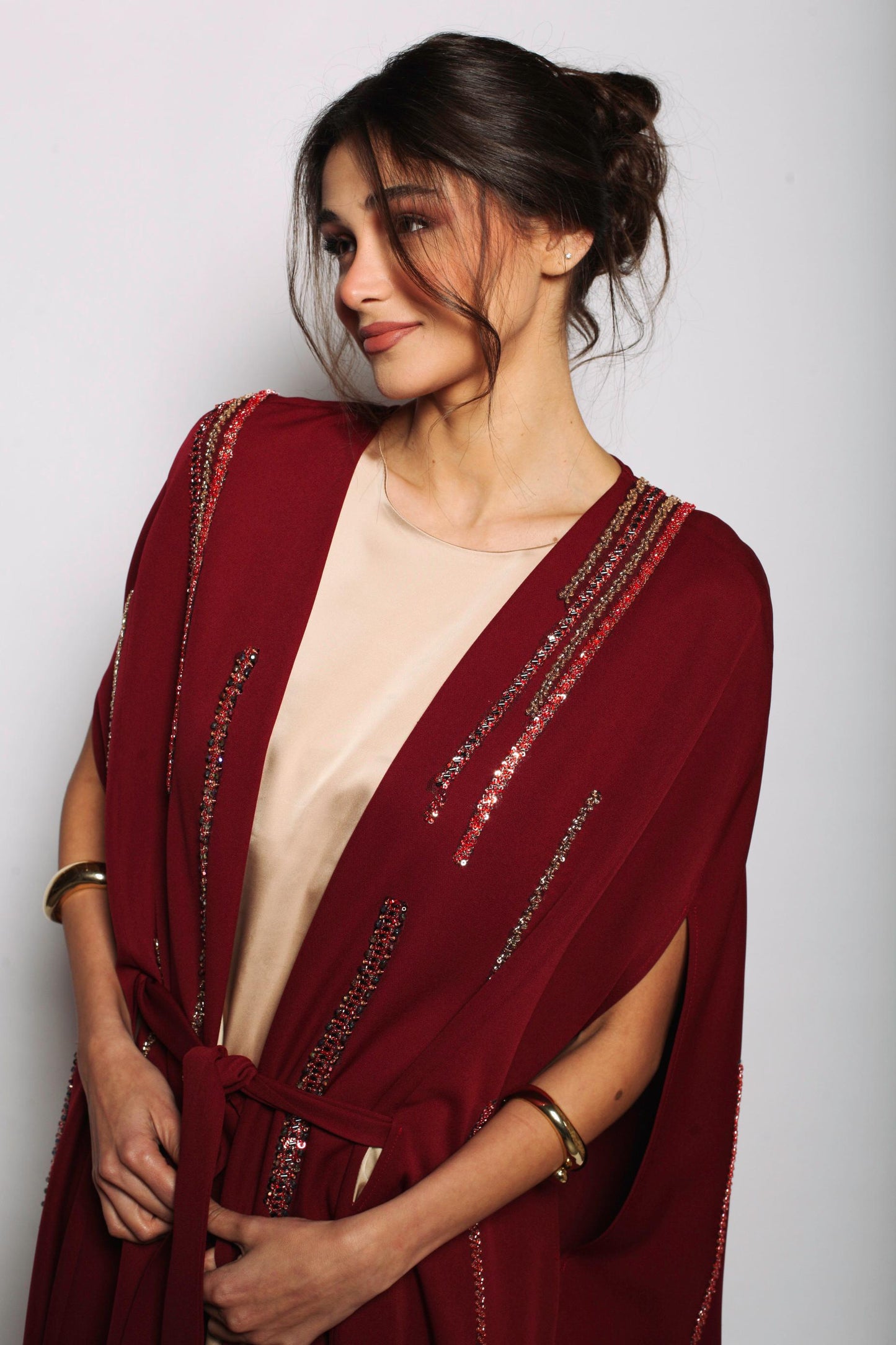 Rochelle Beaded Column Cape Abaya in Deep Red