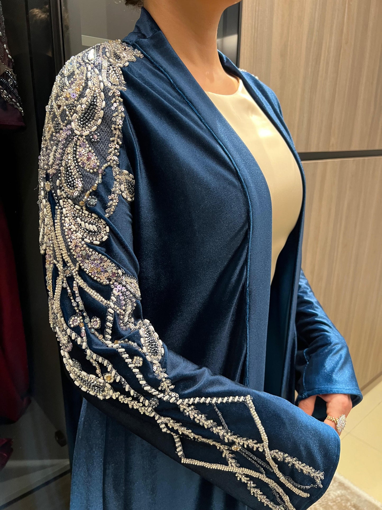 Rochelle Midnight Teal Crystal-Embellished Velvet Abaya