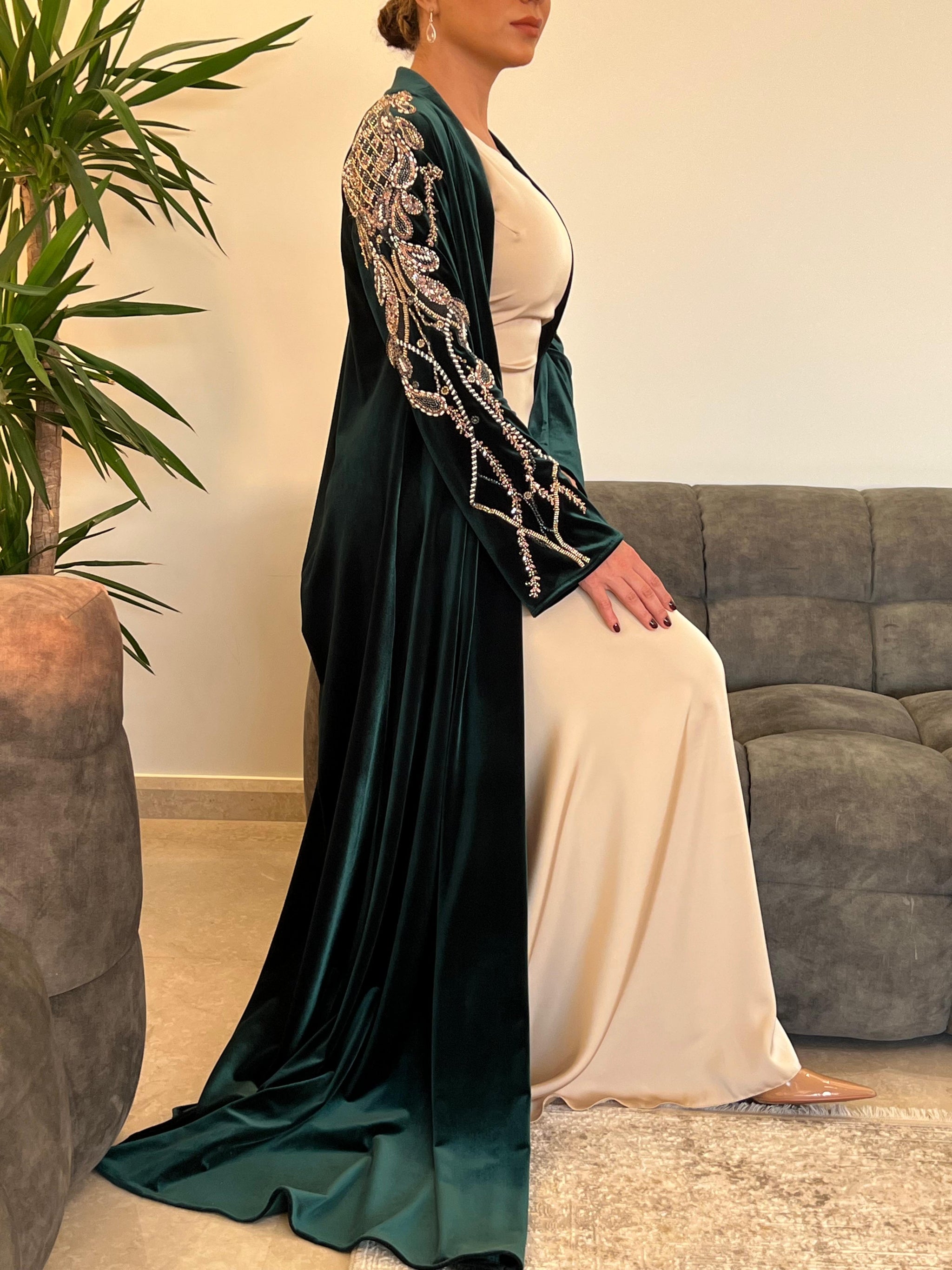 Rochelle Deep Emerald Crystal-Embellished Velvet Abaya