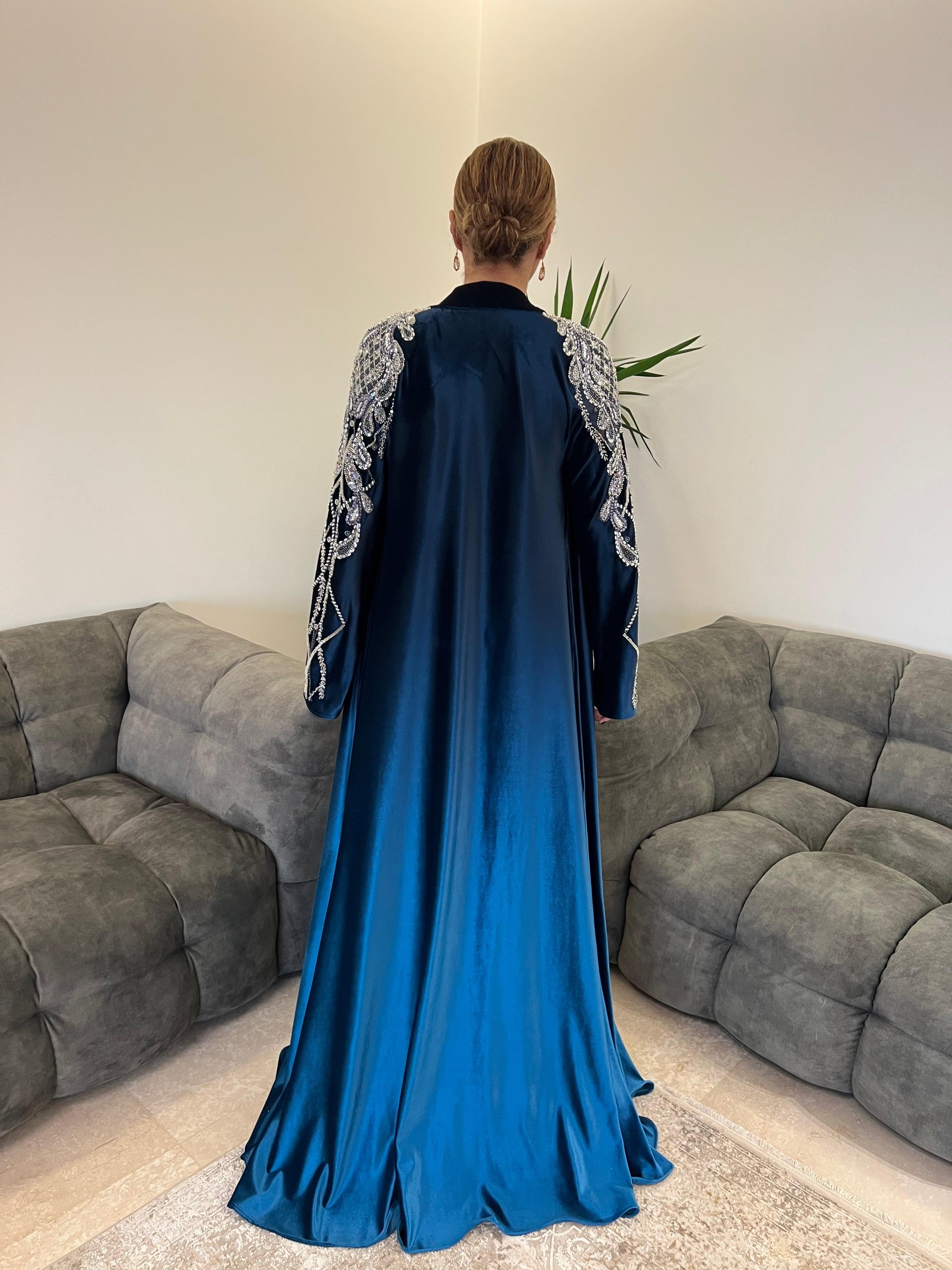 Rochelle Midnight Teal Crystal-Embellished Velvet Abaya