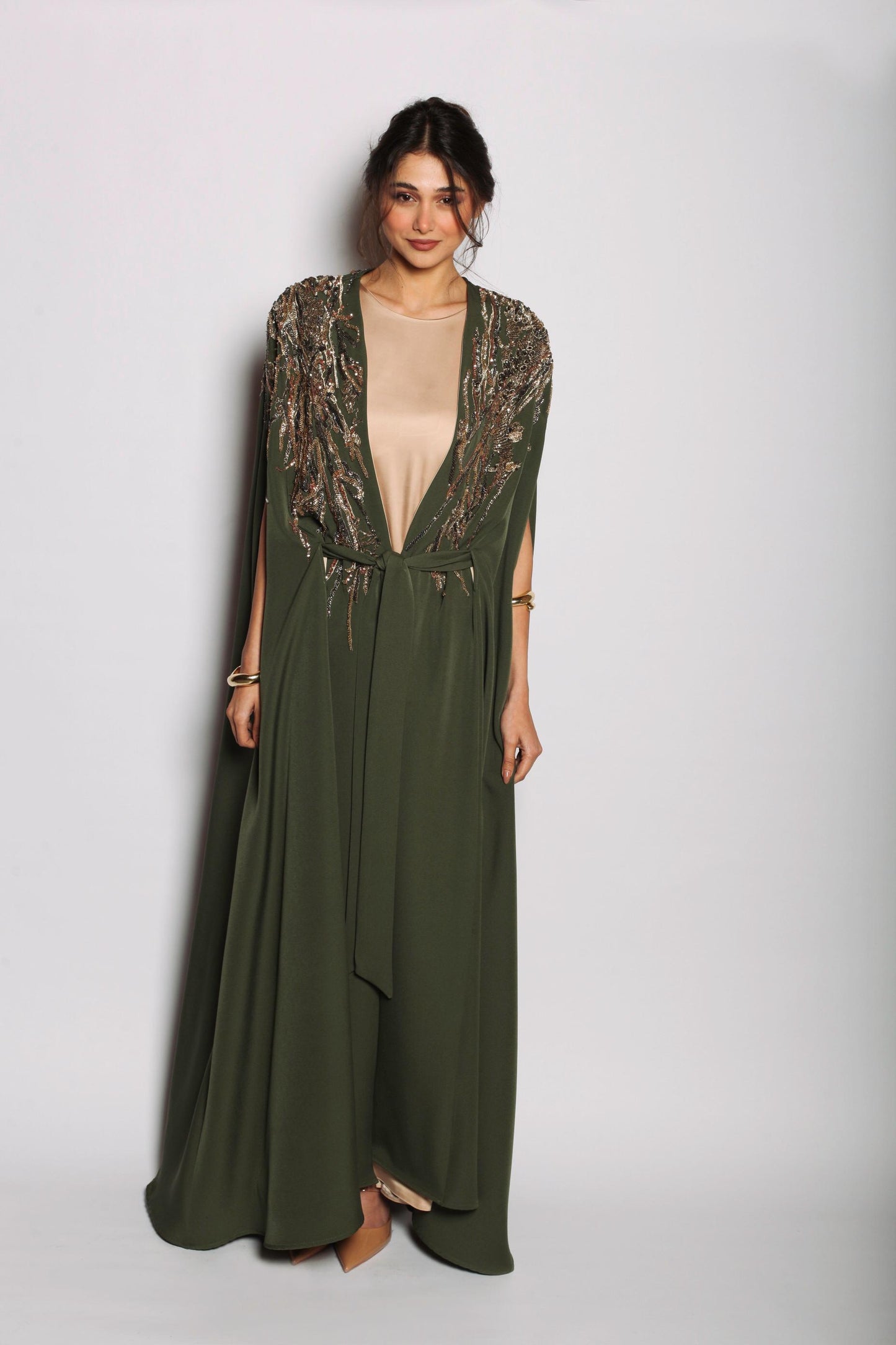 Rochelle Embellished Cape Abaya in Olive Green