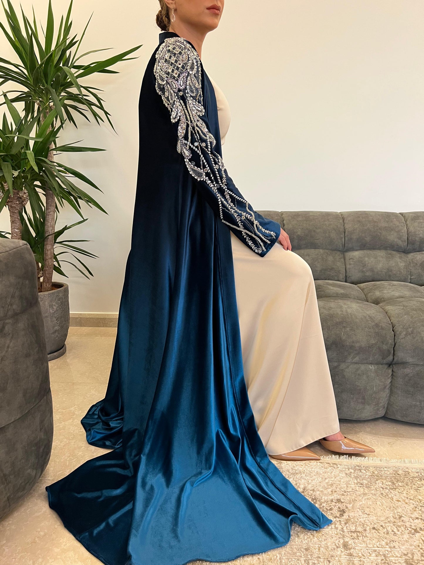 Rochelle Midnight Teal Crystal-Embellished Velvet Abaya
