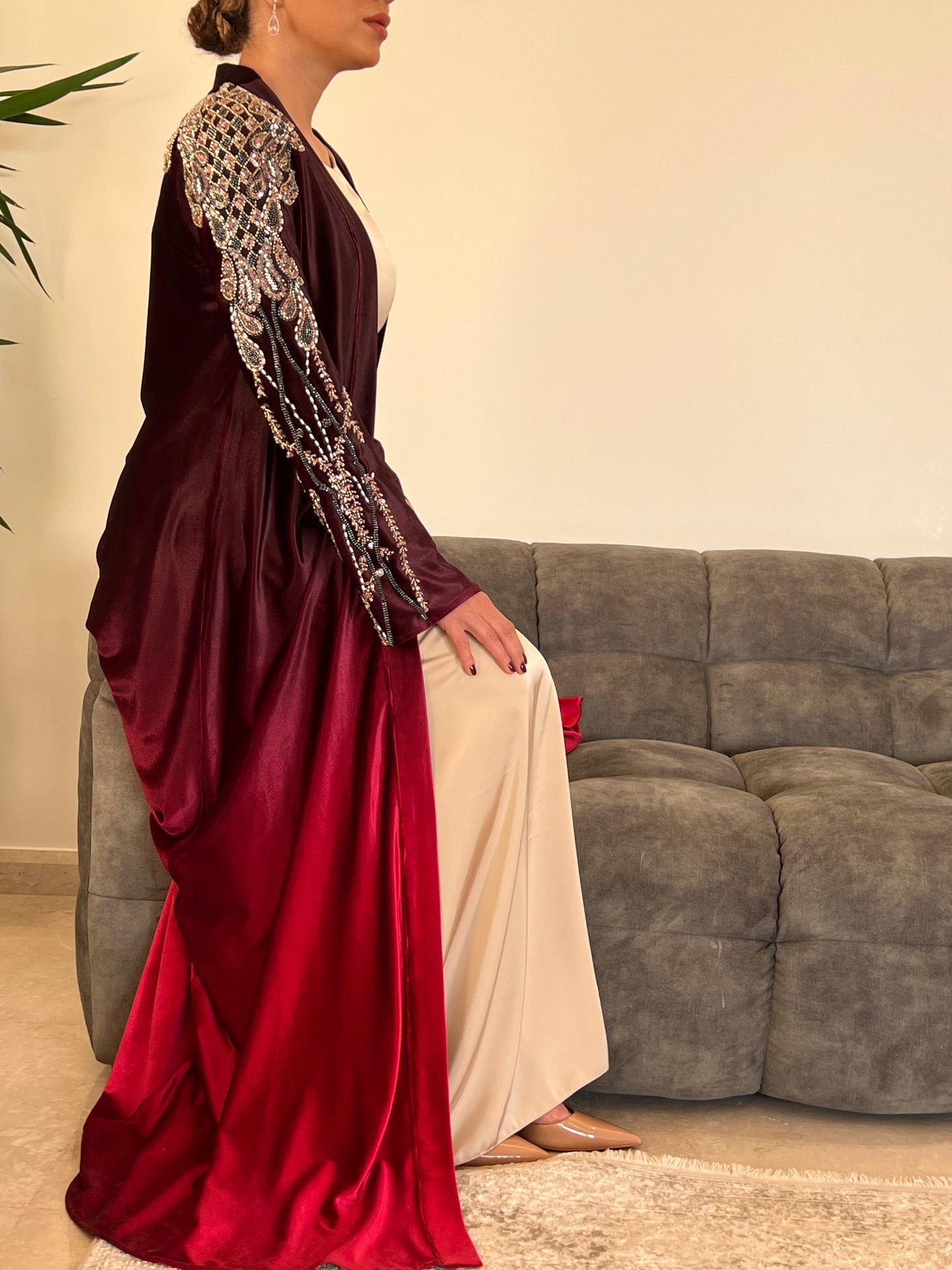 Rochelle Burgundy & Crimson Crystal-Embellished Velvet Abaya