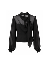 Black Sheer Scarf-Tie Blouse and Windowpane Check Pencil Skirt Set