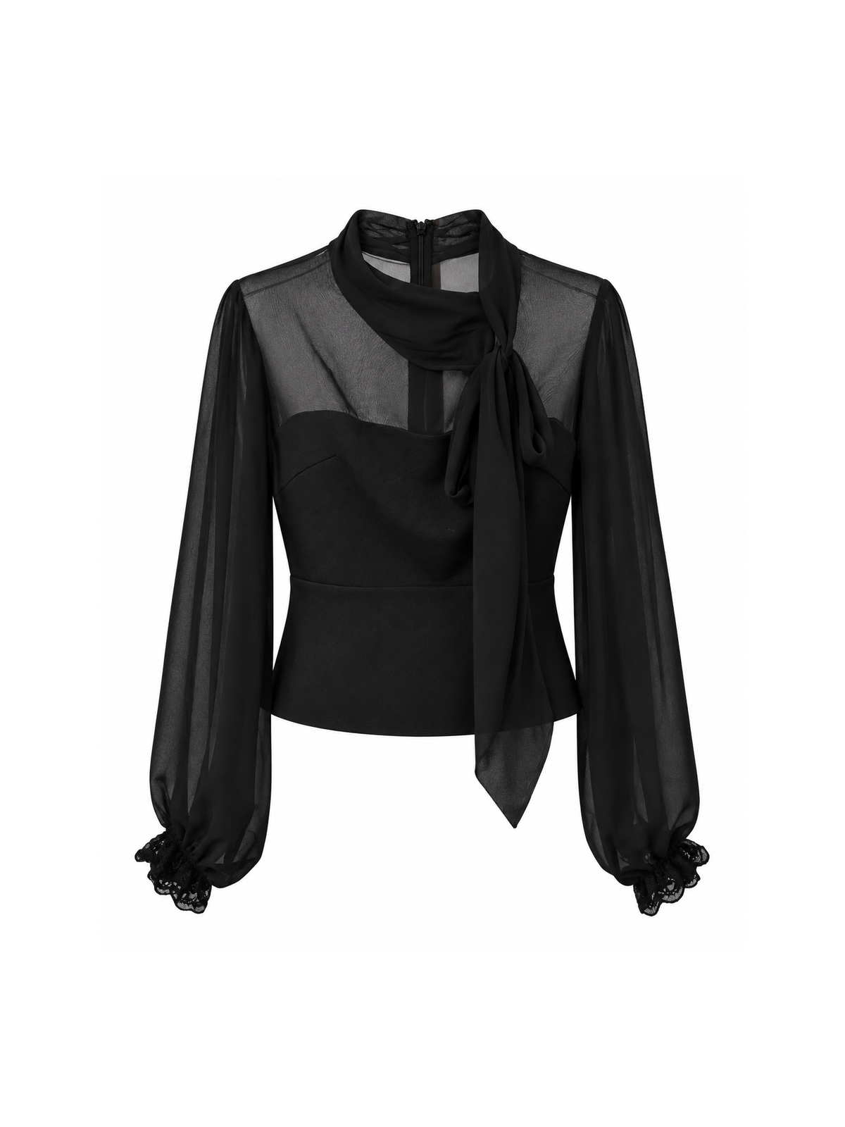 Black Sheer Scarf-Tie Blouse and Windowpane Check Pencil Skirt Set