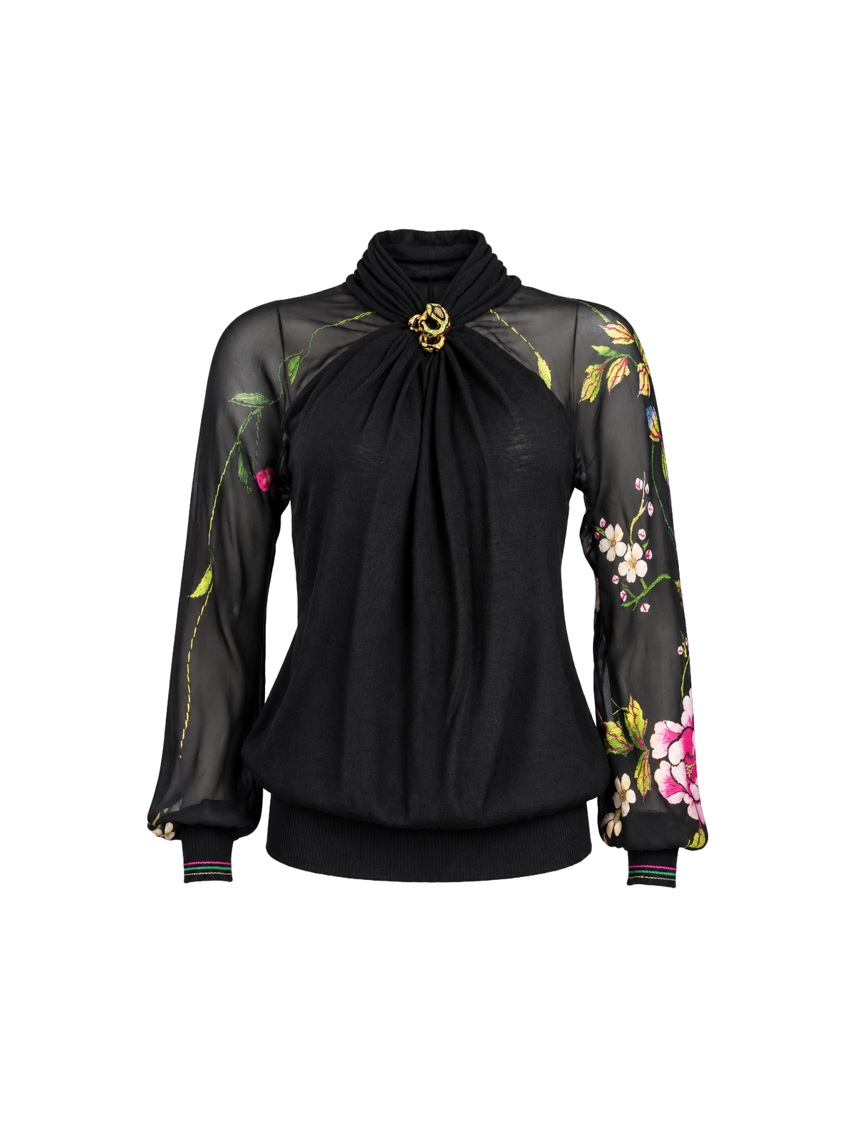 Roberto Cavalli Black Blouse with Floral Sleeves — full view