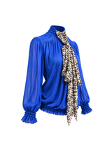 Cobalt Blue Chiffon Scarf-Neck Blouse