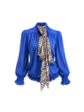 Cobalt Blue Chiffon Scarf-Neck Blouse