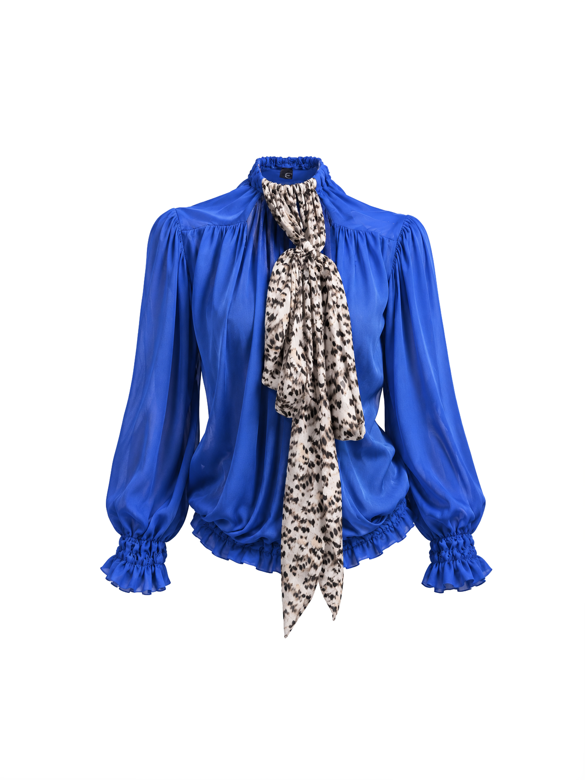 Cobalt Blue Chiffon Scarf-Neck Blouse