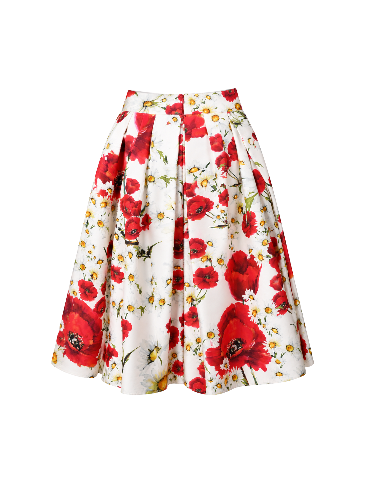 White Floral Poppy Pleated A-Line Midi Skirt