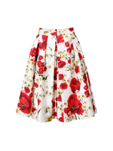 White Floral Poppy Pleated A-Line Midi Skirt