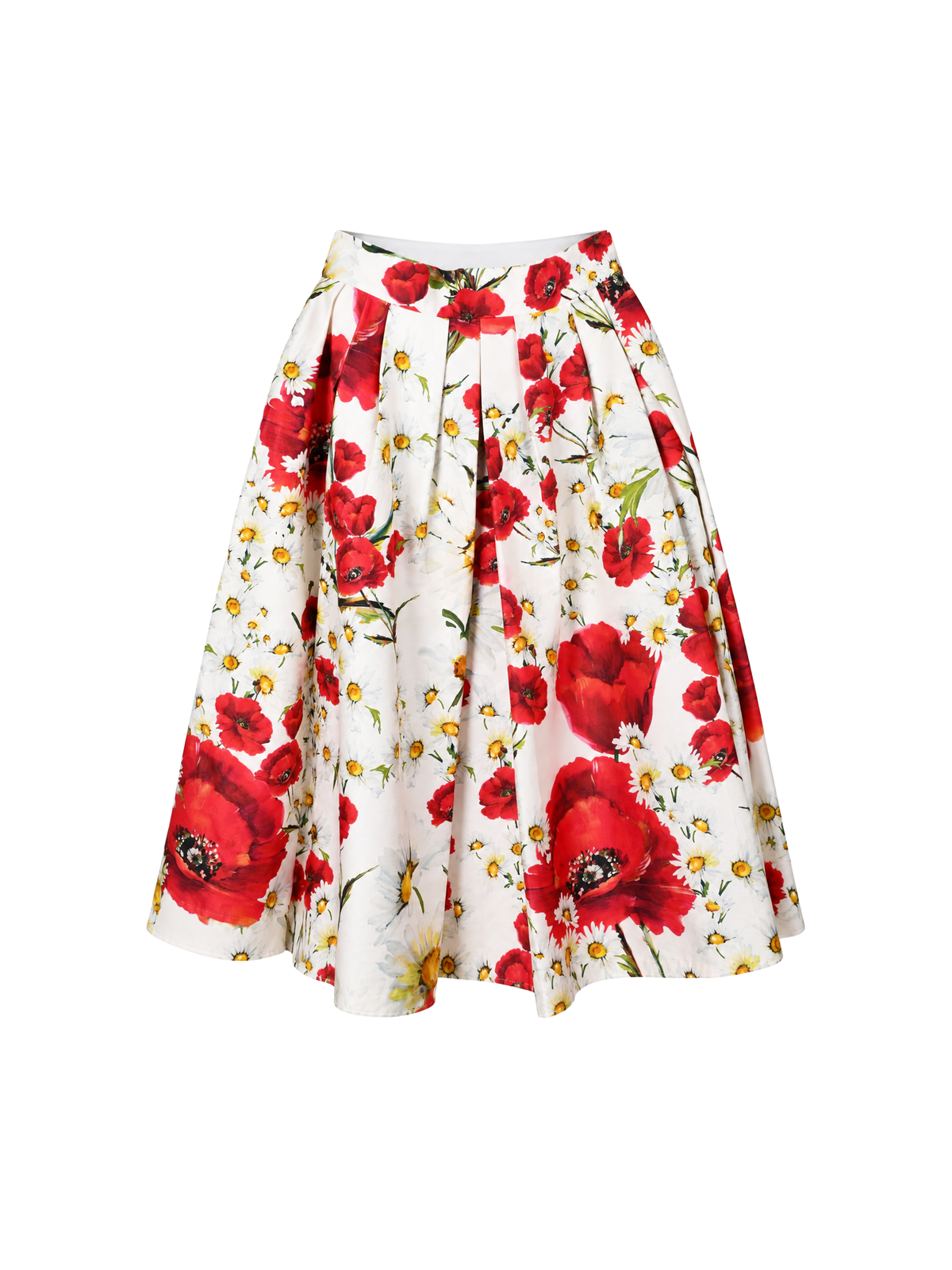White Floral Poppy Pleated A-Line Midi Skirt