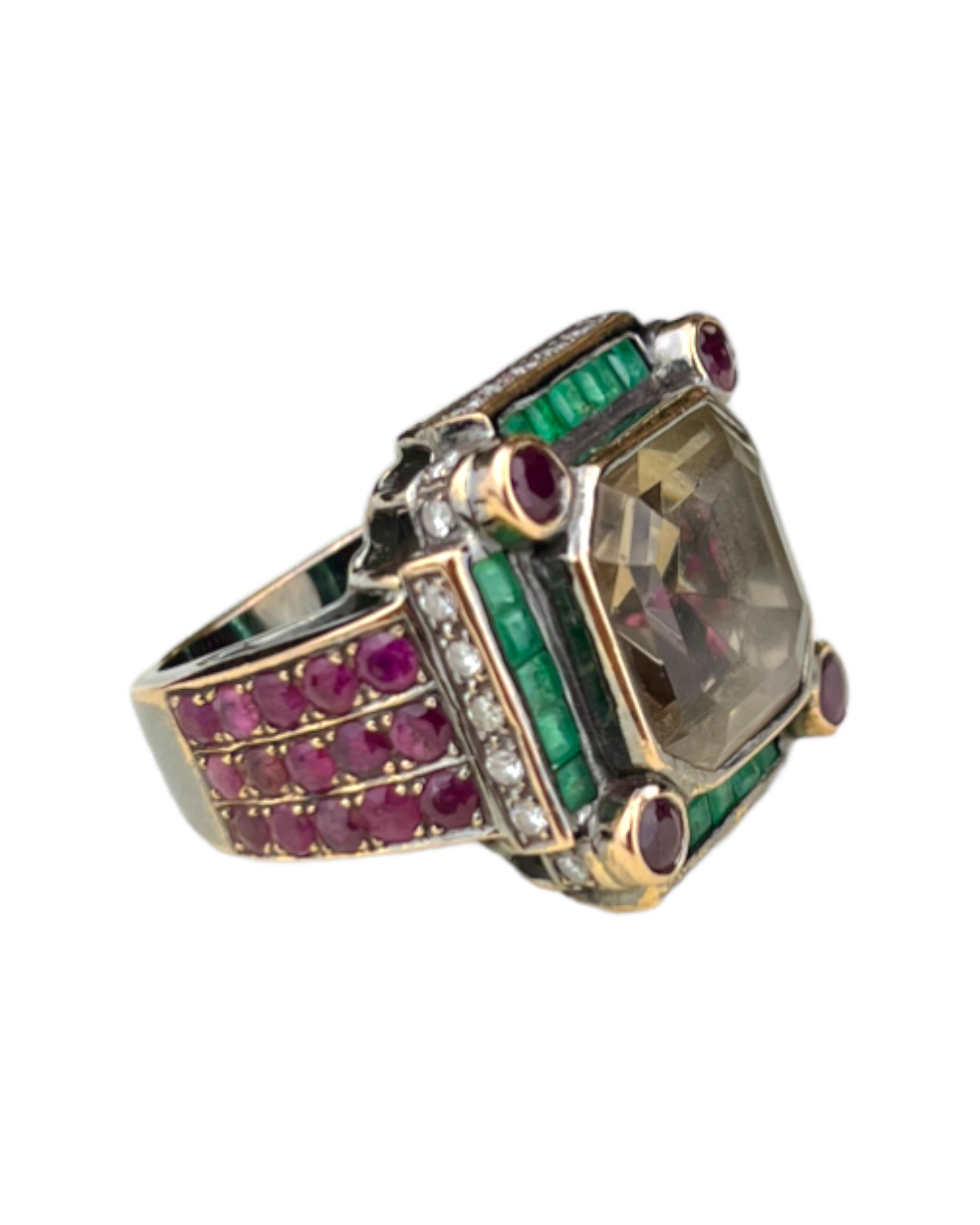Namazte Maharaja Ring with Emeralds, Rubies and Quartz