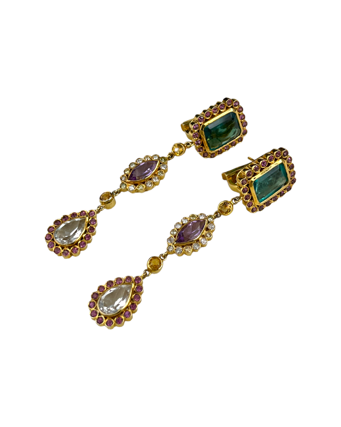 Namazte Maharaja Earrings with Florite, Diamonds, Garnets, Amethyst and Quartz