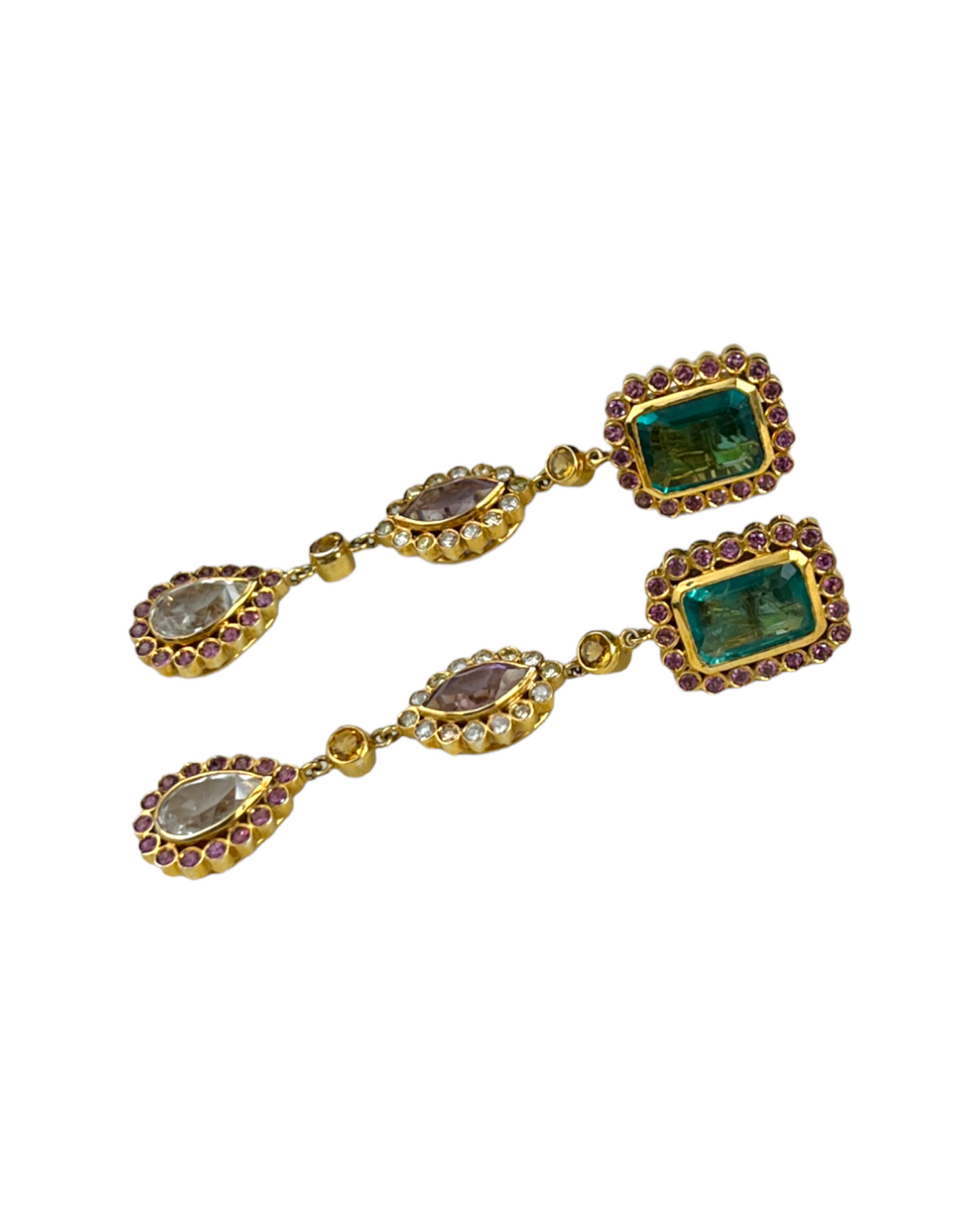 Namazte Maharaja Earrings with Florite, Diamonds, Garnets, Amethyst and Quartz