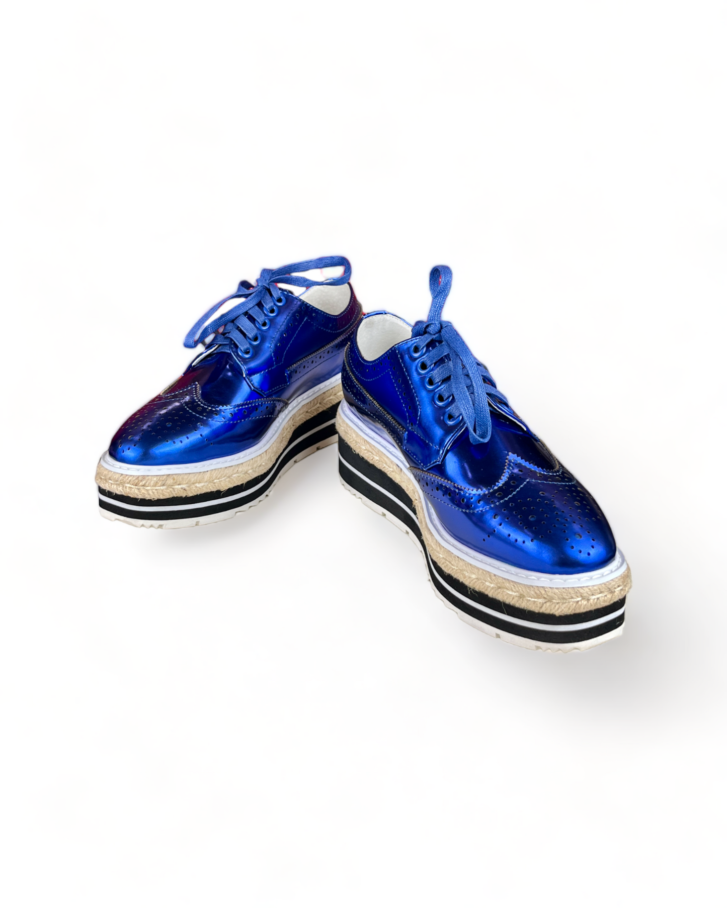 Prada Metallic Blue Brogue Leather Wave Wingtip Espadrille Platform Derby Sneakers