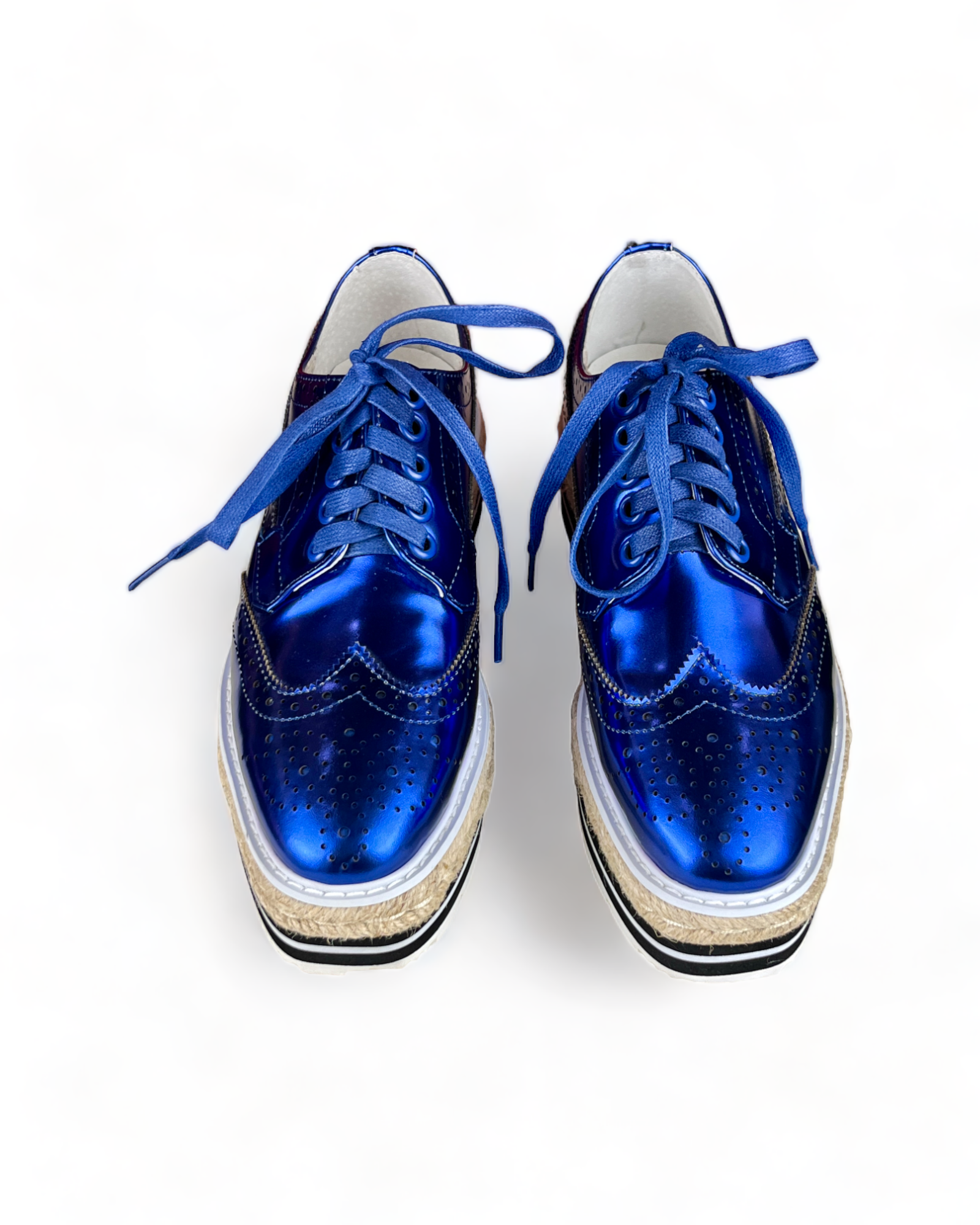Prada Metallic Blue Brogue Leather Wave Wingtip Espadrille Platform Derby Sneakers