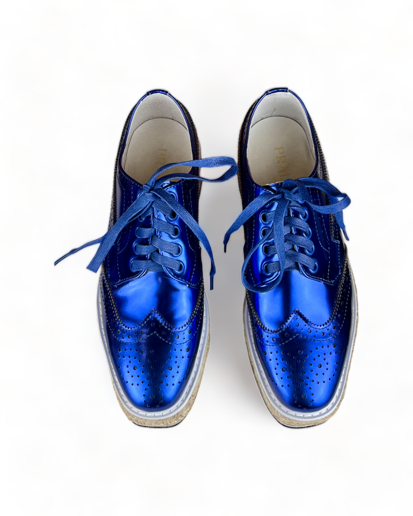 Prada Metallic Blue Brogue Leather Wave Wingtip Espadrille Platform Derby Sneakers
