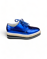 Prada Metallic Blue Brogue Leather Wave Wingtip Espadrille Platform Derby Sneakers