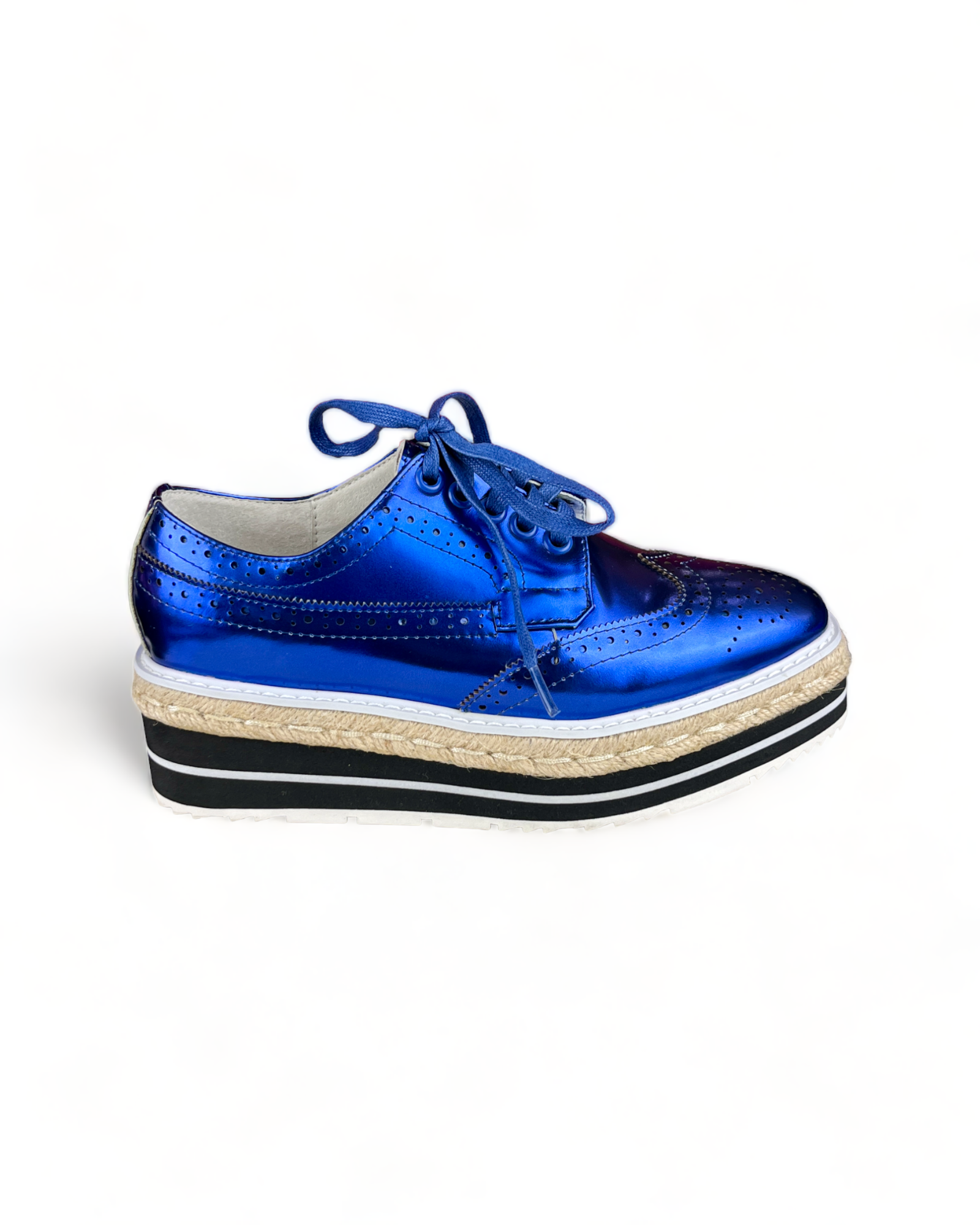 Prada Metallic Blue Brogue Leather Wave Wingtip Espadrille Platform Derby Sneakers
