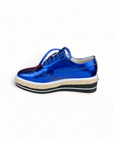 Prada Metallic Blue Brogue Leather Wave Wingtip Espadrille Platform Derby Sneakers