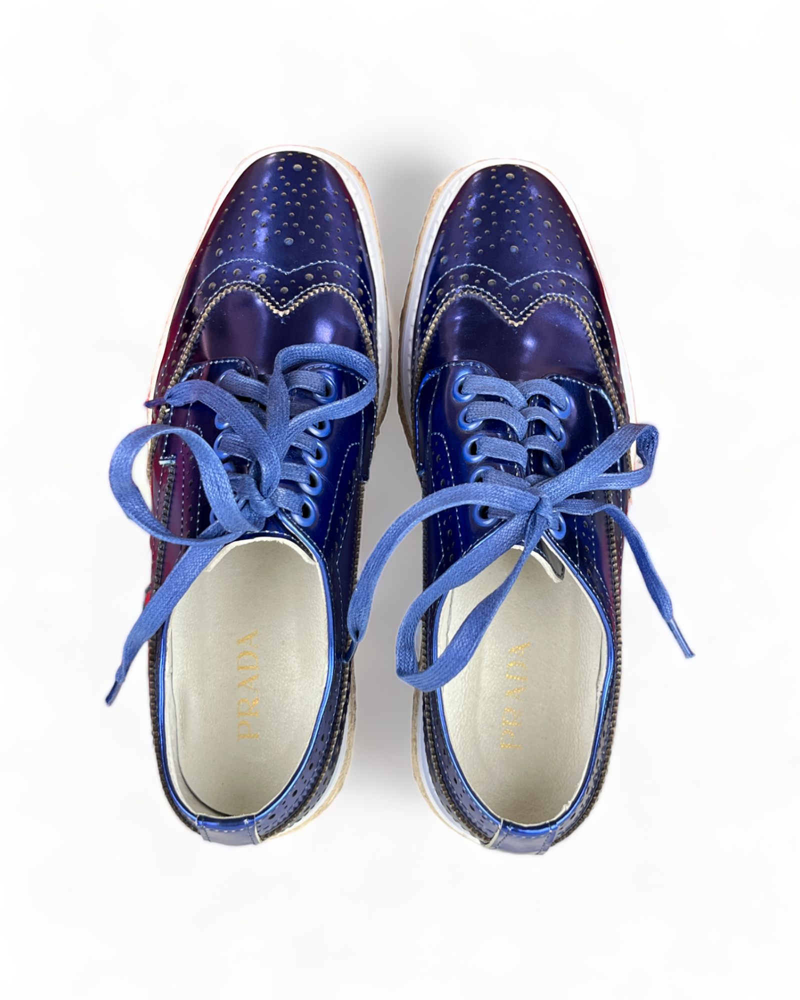 Prada Metallic Blue Brogue Leather Wave Wingtip Espadrille Platform Derby Sneakers