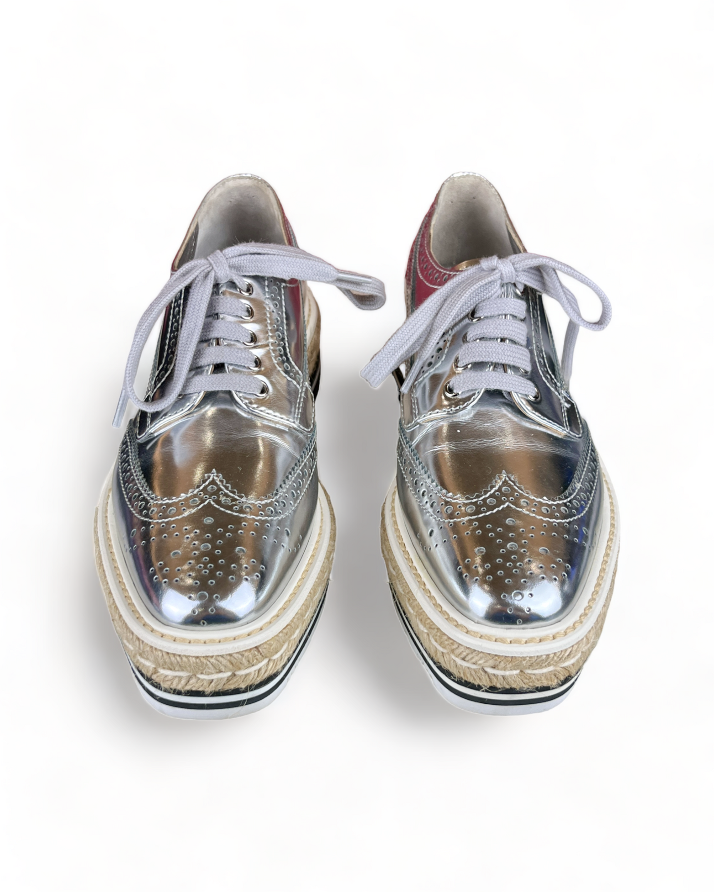 Prada Metallic Silver Brogue Leather Wave Wingtip Espadrille Platform Derby Sneakers