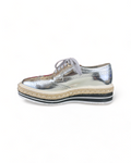 Prada Metallic Silver Brogue Leather Wave Wingtip Espadrille Platform Derby Sneakers