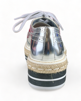 Prada Metallic Silver Brogue Leather Wave Wingtip Espadrille Platform Derby Sneakers