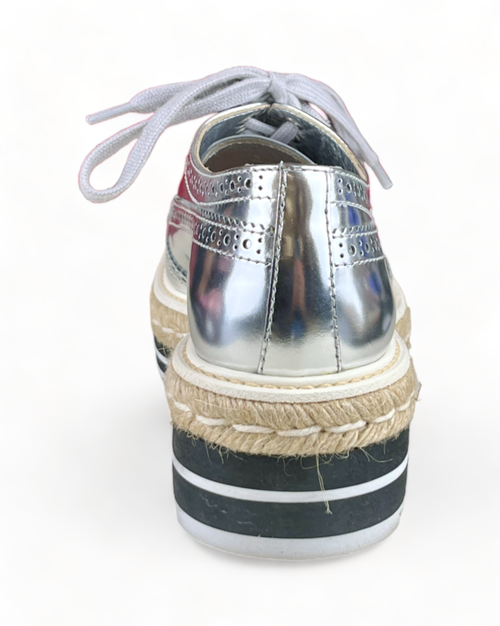 Prada Metallic Silver Brogue Leather Wave Wingtip Espadrille Platform Derby Sneakers