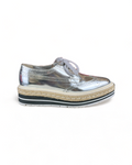 Prada Metallic Silver Brogue Leather Wave Wingtip Espadrille Platform Derby Sneakers
