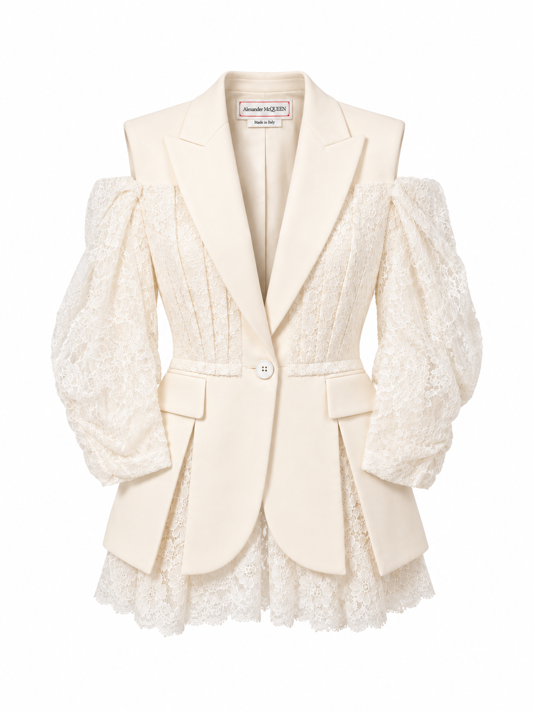 Alexander McQueen Ivory Lace-Sleeve Blazer