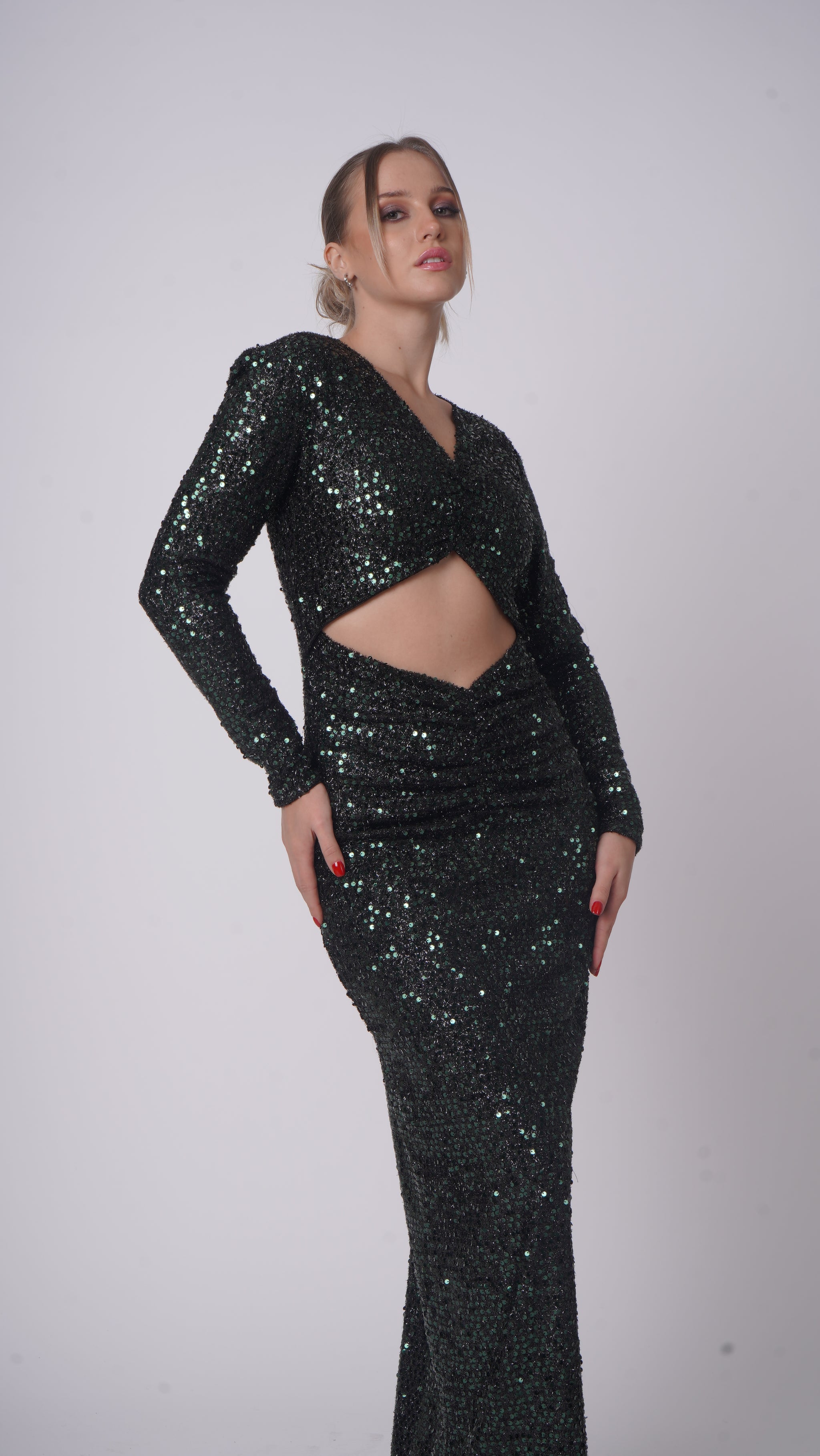 Rochelle Green Long Curvy Dress – Sequined Gown