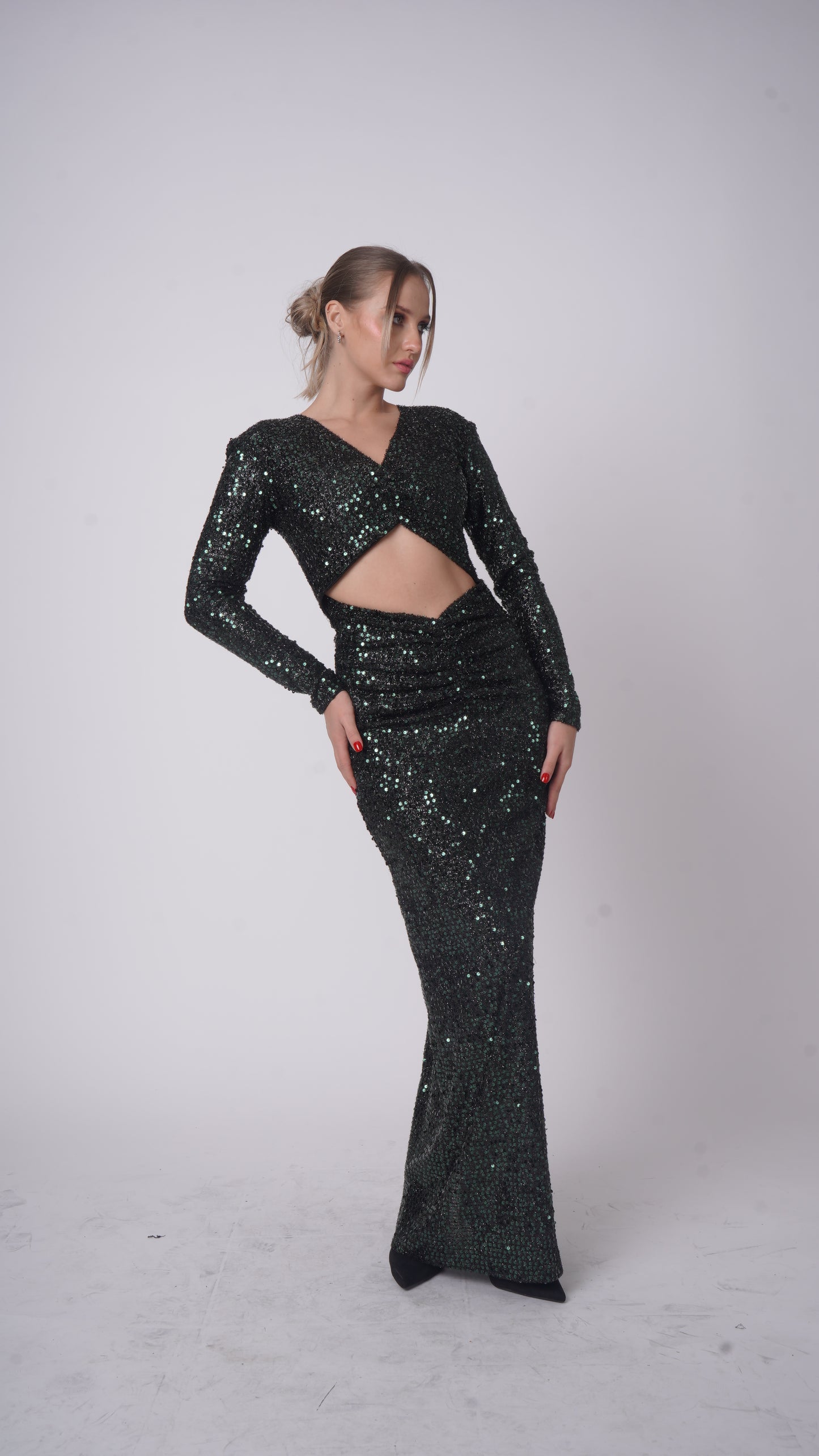 Rochelle Green Long Curvy Dress – Sequined Gown